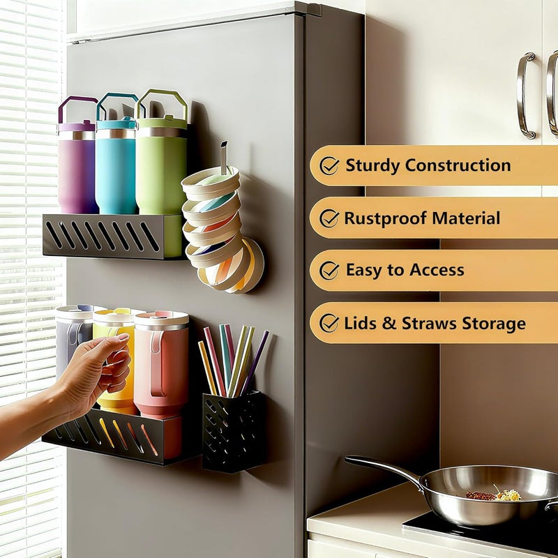 Wolera Magnetic Stanley Cup Organizer (2-Count) - Secure Fridge Mount for Full-Size 30/40 oz Tumblers with Lid & Straw Storage (6 Tumblers) - Image 5